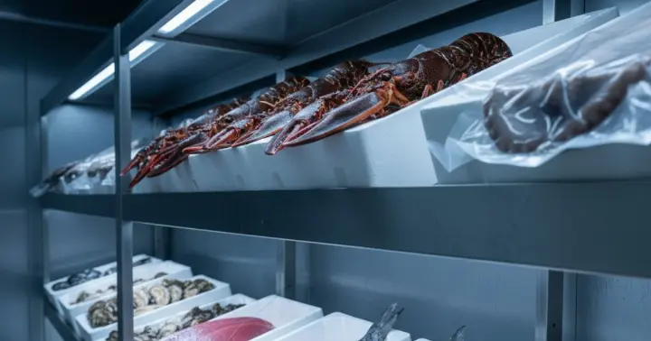 Marisco fresco envasado y cajas en cámara frigorífica profesional para hostelería Horeca