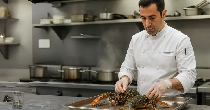Chef profesional manipulando marisco fresco en cocina industrial de restaurante
